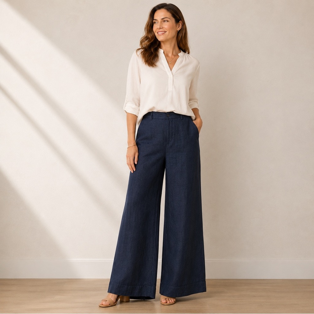 Guzella 100% Cotton Wide Leg Pants Women’s US 12 Blue High Rise Casual